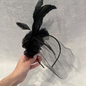 Kids Black Fascinator Headband with Rose Feathers and Veil Formal Accessory